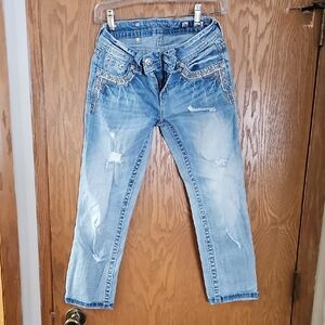 Miss Me Light Blue Distressed Ankle Jeans with Beaded Pocket Trim